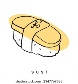 Vector doodle sushi or sashimi. Delicious hearty rolls are collected for decoration and infographics illustrating food. Rice, salmon, tuna, avocado, tobiko, nori
