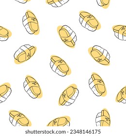 Vector doodle sushi and sashimi. Seamless pattern. Delicious hearty rolls are collected for decoration and infographics illustrating food. Rice, omelet