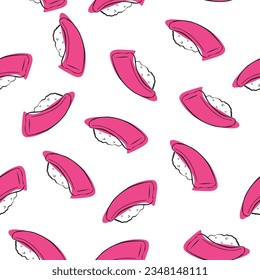 Vector doodle sushi and sashimi. Seamless pattern. Delicious hearty rolls are collected for decoration and infographics illustrating food. Rice, tuna
