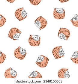 Sushi y sashimi de doodle vectorial. Patrón sin foco. Deliciosos y copiosos rollos para la decoración y las infografías que ilustran la comida. Arroz, salmón, nori