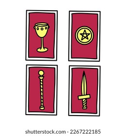 Vector doodle Tarot cards. Minor Arcana. Suits of minor arcana tarot cards. Wands, Cups, Swords, Pentacles.