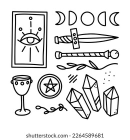 Vector doodle Tarot set.
Minor Arcana. Wands, Cups, Swords, Pentacles. Magic crystals. The eye. Moon cycle. Suits of minor arcana tarot cards. 