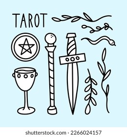 Vector doodle Tarot set. Minor Arcana. Suits of minor arcana tarot cards. Wands, Cups, Swords, Pentacles. Magic elements.