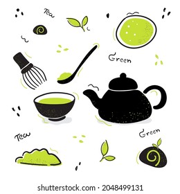 Vector doodle  Tea ceremony set. illustration green tea 