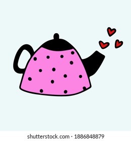 vector doodle - teapot with hearts. cute sticker for valentine's day. Romantic tea kettle ceremony. Element for design Valentine's day