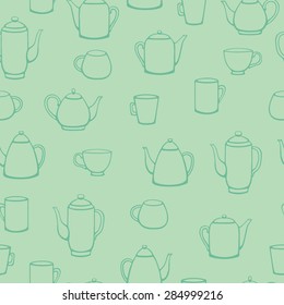 Vector doodle teapots pattern. Hand drawn teapot and cop silhouette. Green colors.