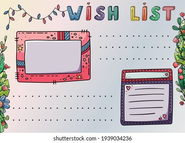 Vector doodle template with creative illustrations and lettering. Wish list, dreams.