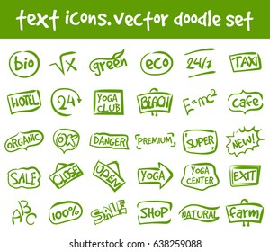 Vector doodle text icons set. Stock cartoon signs for design.
