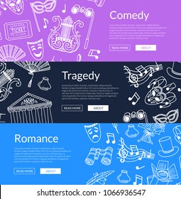 Vector doodle theatre elements horizontal web banners or posters illustration