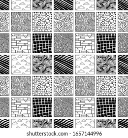 Vector  doodle tile pattern. Hand-drawn mosaic seamless black and white ornament. 
