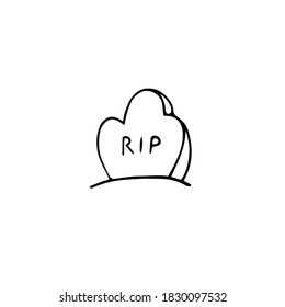 Vector doodle tomb with lettering RIP. Outline grave isolated on white background. Headstone on the graveyard. Cartoon cemetery landscape. Symbol of Halloween, Day of the Dead, burial illustration