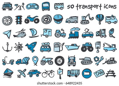 Vector doodle transport icons set. Stock cartoon signs for design.