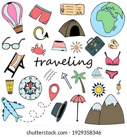 Vector doodle travel set with hand drawn isolated multicolored elements