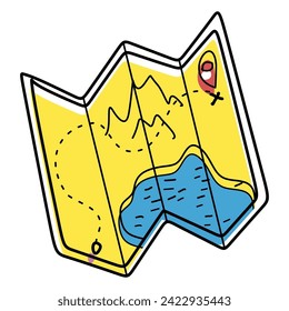 Mapa de papel de búsqueda del tesoro de Vector Doodle. Ilustración de la línea de color del vector aislada en blanco. Concepto de viajes y vacaciones, Clipart dibujado a mano para el logotipo de la aplicación de navegación, tarjeta, agencia de vacaciones, juego de aventura