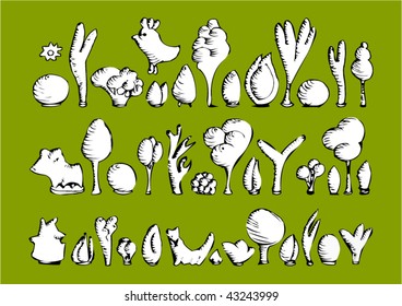 vector doodle tree and animal set
