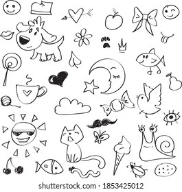 vector doodle trendy elements set hand drawing funny cute symbols