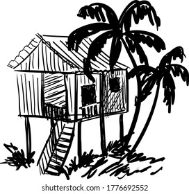 Hogar tropical de garabato vectorial con palmeras