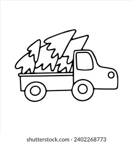 vector doodle, truck with Christmas trees. Coloring book for children