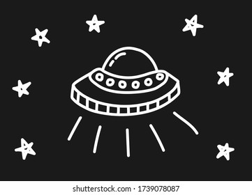 Vector doodle UFO with stars. Isolated white hand drawn space elements on th black background. Outline objects for card, design, game, posts.