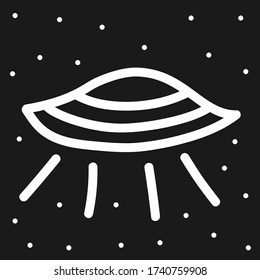 Vector doodle UFO with stars. Isolated white hand drawn space elements on th black background. Outline objects for poster, card, illustration, design