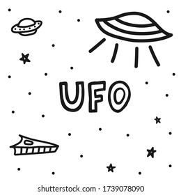 Vector doodle UFO with stars and letters. Isolated black hand drawn space elements on th white background. Outline objects for design, illustrations, games, posters, cards.