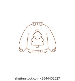 Vector doodle of ugly Christmas sweater with Xmas tree. Simple festive design with hand-drawn holiday style