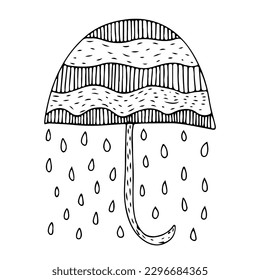 Vector doodle umbrella with rain illustration. Hand drawn weather concept umbrella under rain drops