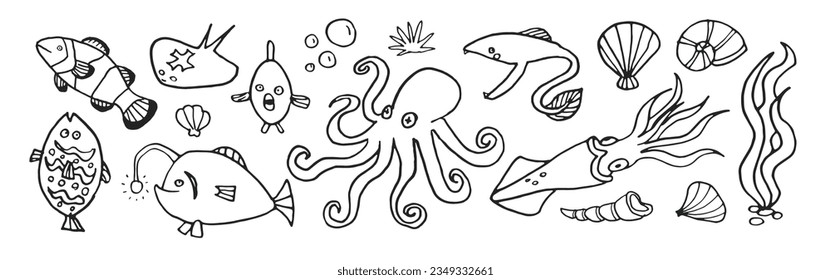 Vector doodle underwater fish set, Outline ocean octopus and shells collection, kids colouring page, diving ocean line art