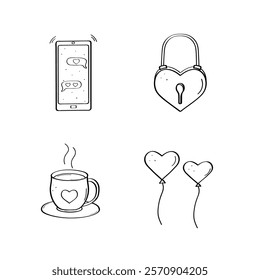 Vector doodle Valentine's Day cartoon icons. Hand drawn symbols of love. A cup of coffee, a phone with correspondence, balloons, hearts and a lock.