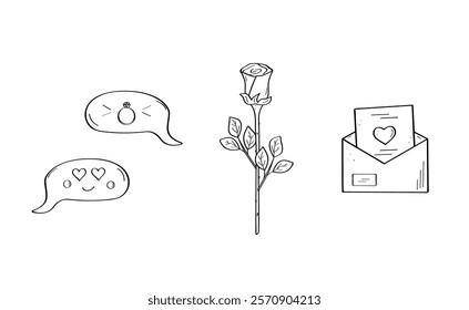 Vector doodle Valentine's Day cartoon icons. Hand drawn symbols of love. A rose flower, love speech bubbles, a confession envelope.