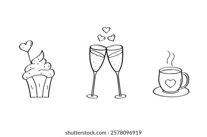 Vector doodle Valentine's Day cartoon icons. Hand drawn symbols of love. A cupcake with cream, a cup of tea and glasses of champagne.