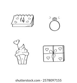 Vector doodle Valentine's Day cartoon icons. Hand drawn symbols of love. A cupcake with cream, a diamond ring, a gift box and a calendar with a date.