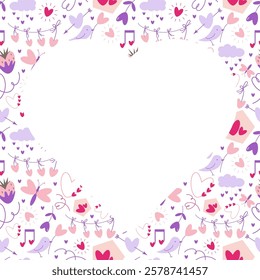 Vector doodle Valentines day frame, love season or spring pastel background with copy space and heart shape elements. Can be used for packaging, labels, card, banner, invitations, t shirt, bag prints.