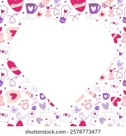 Vector doodle Valentines day frame, love season pastel background with copy space and heart shape elements. Can be used for packaging, labels, card, banner, invitations prints.
