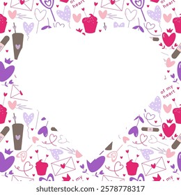 Vector doodle Valentines day frame, love season pastel background with copy space and heart shape elements. Can be used for packaging, labels, card, banner, invitations prints.
