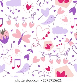 Vector doodle Valentines day, love season or spring seamless pattern with heart shape elements such as flower, birds, garland, music note, strawberry, butterfly, cloud, house.
