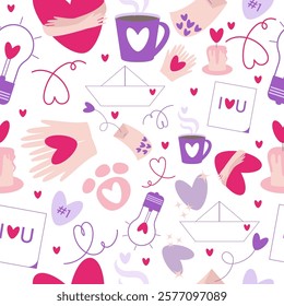 Vector doodle Valentines day, love season pastel seamless pattern with heart shape elements such as cup, bulb, tea bag, sticker, candle, hands, pet paw, boat.
