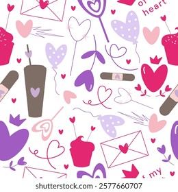 Vector doodle Valentines day, love season pastel seamless pattern with heart shape elements, eco coffee or tea cup, balloon, sparkler, asteroid, cupcake or muffin, patch, lollypop, crown, letter.
