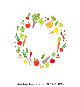 Vector doodle vegetables, circle frame, blank template isolated on white background, pastel colors.