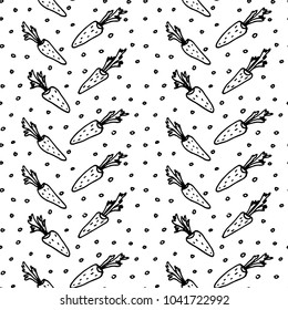 Vector doodle vegetative seamless pattern. Black white ink illustration of carrots with dots for textile print, wrapping, backgrounds. Easter background.