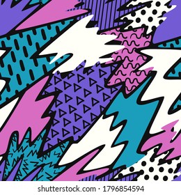 vector doodle violet pink green white freeform and geometric overlapped seamless pattern on black