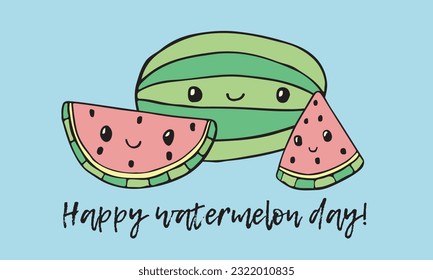 Vector doodle watermelon postcard design, happy watermelon day, kawaii fruit slice, summer holiday