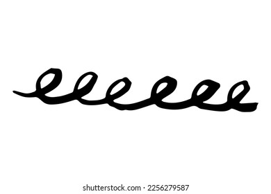 Curl de onda de doodle vectorial. Pulso de pincel de desplazamiento de color negro de pintura aislado sobre fondo blanco. Ilustración a mano de plumas para huellas de verano, ropa, decoración serpentina. Línea giratoria ornamental