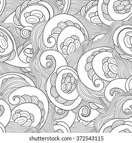 Vector doodle wavy seamless pattern. Hand drawn black and white vector background.