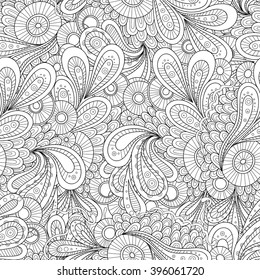 Vector doodle wavy seamless pattern. Hand drawn black and white zentangle style vector background.