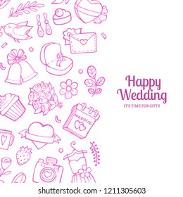 Vector doodle wedding elements background with place for text illustration isolated on white