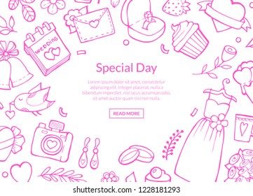 Vector doodle wedding elements background with place for text illustration. Wedding banner special day, invitation freehand