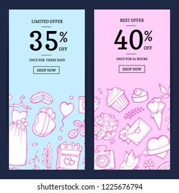 Vector doodle wedding elements sale web banner discount templates illustration