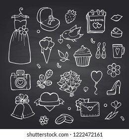 Vector doodle wedding elements set on black chalkboard background illustration. Wedding chalkboard doodle element, flower and shoes, bell and envelope