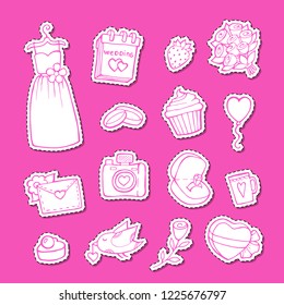 Vector doodle wedding elements stickers set illustration isolated on pink background